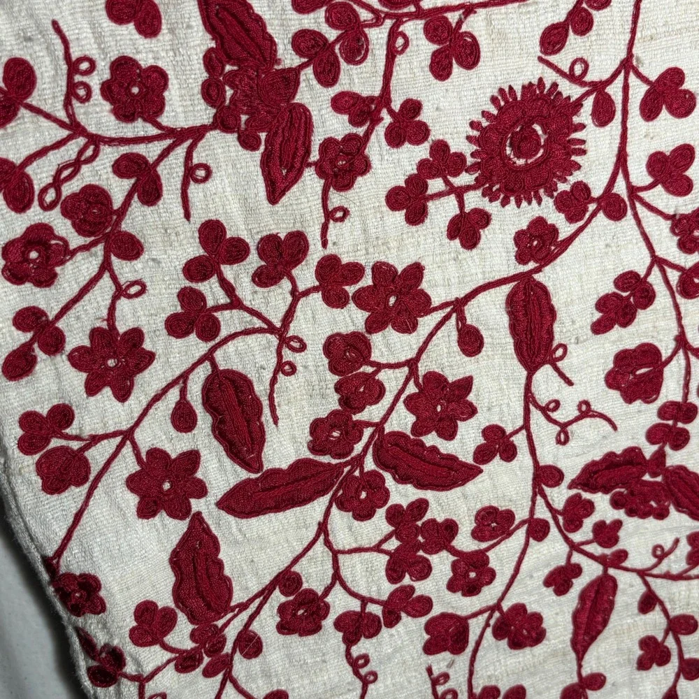Pillow Cover Cream Red Pottery Barn Floral Embroidered Silk Cotton 18x18 Square